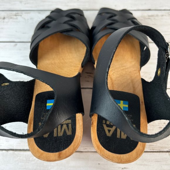 MIA Bety Sandals Womens 9M Black Leather Peep Toe Wooden Clogs Woven Adjustable - Picture 4 of 11